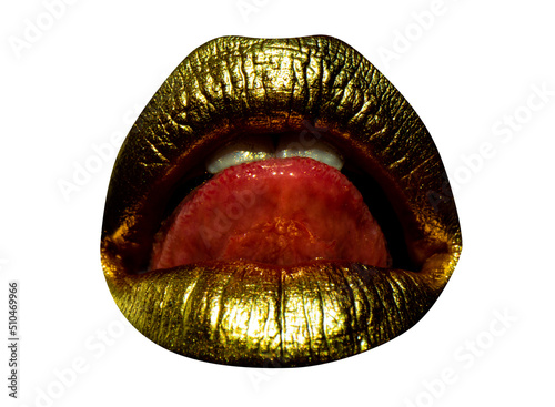 Gold lips. Gold Paint on mouth. Golden lips on woman mouth. Sensual sexy lip. Tongue lick golden lips. Isolated on white.