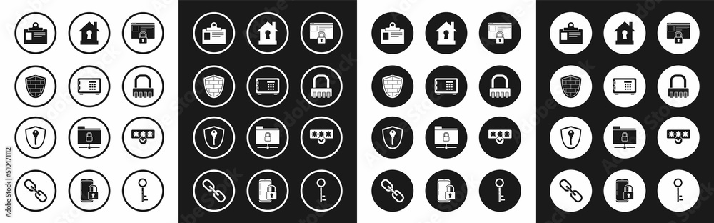 Set Secure your site with HTTPS, SSL, Safe, Shield cyber security brick wall, Identification badge, combination lock, House under protection, Password and safety access and key icon. Vector Set Secure your site with HTTPS, SSL, Safe, Shield cyber security brick wall, Identification badge, combination lock, House under protection, Password and safety access and key icon. Vector