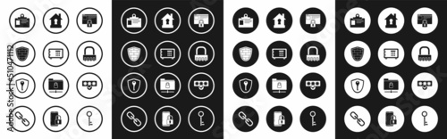 Set Secure your site with HTTPS, SSL, Safe, Shield cyber security brick wall, Identification badge, combination lock, House under protection, Password and safety access and key icon. Vector