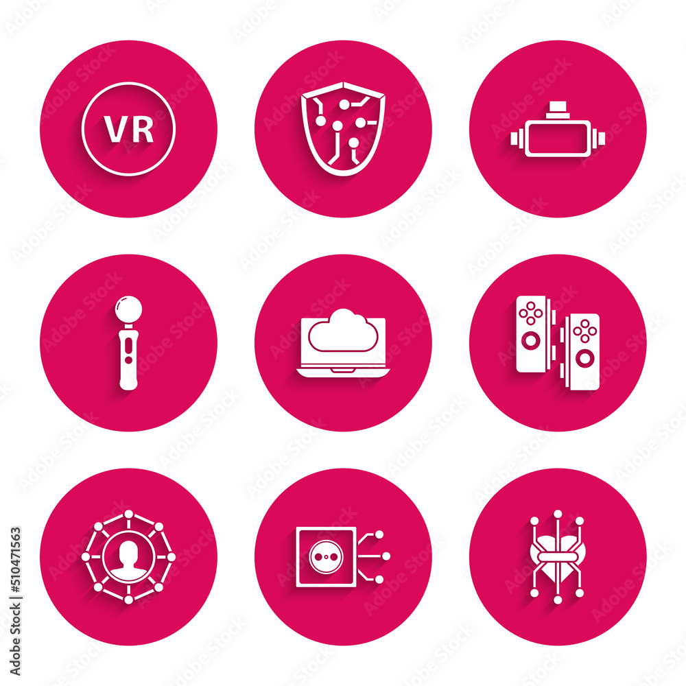 Set Cloud technology data transfer and storage, Remote control, Processor, Gamepad, Project team base, Virtual reality glasses and icon. Vector Set Cloud technology data transfer and storage, Remote control, Processor, Gamepad, Project team base, Virtual reality glasses and icon. Vector