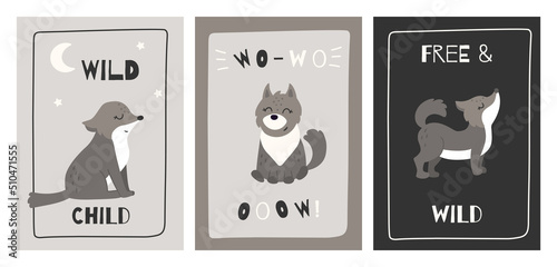 Set of kids posters with cute wolf. Minimalistic vector nursery posters with little wolf. Printable collection.
