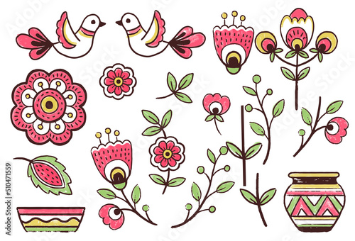 Vector set elements. Pattern design in the styles of Ukrainian folk traditional embroidery. Hand draw flowers elements, foliage and birds