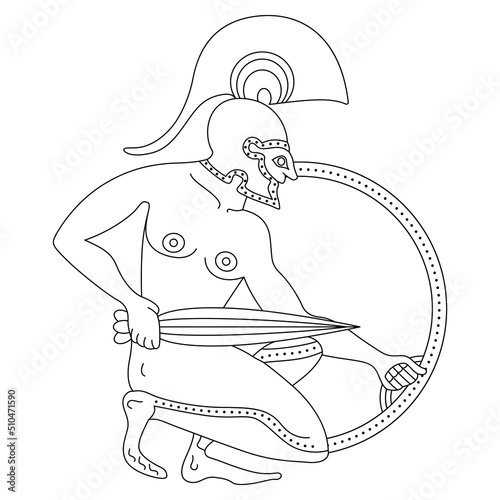 Seated ancient Greek warrior in helmet with sword and shield. Black and white linear silhouette. Vase painting style. 