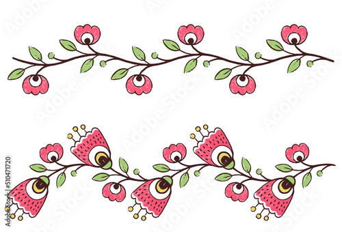 Vector pattern design in the styles of Ukrainian folk traditional embroidery. Hand draw vignette flowers elements and foliage