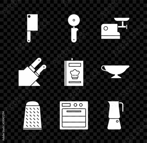 Set Meat chopper, Pizza knife, Kitchen meat grinder, Grater, Oven, Moka pot, Knife and Cookbook icon. Vector