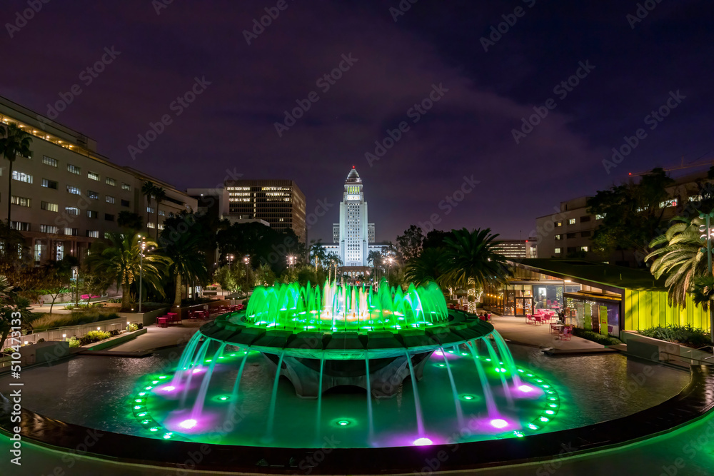 Night view of Los Angeles City Hall and Arthur J. Will Memorial Fountain