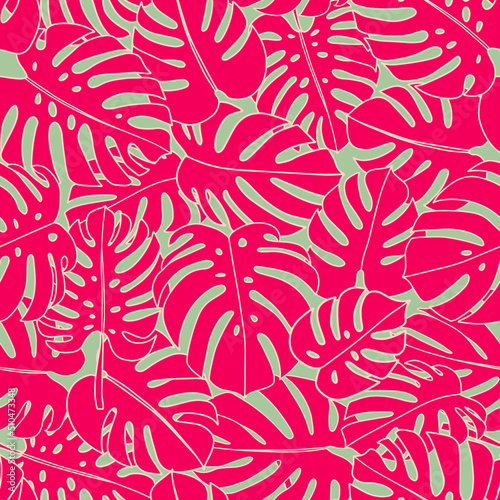 Psychedelic palm leaves seamless repeat pattern. Random placed, vector botany all over surface print on green background.