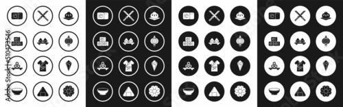 Set Khinkali on cutting board, Sushi, Japanese paper lantern, Traditional katana, Temaki roll and icon. Vector
