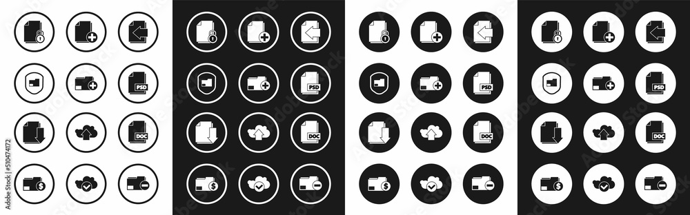 Set Next page arrow, Add new folder, Document protection, and lock, PSD file document, DOC and with download icon. Vector Set Next page arrow, Add new folder, Document protection, and lock, PSD file document, DOC and with download icon. Vector