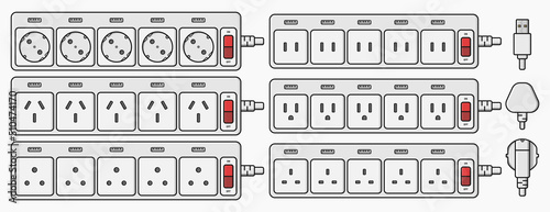 power strip extension cord outlet plug set vector flat illustration