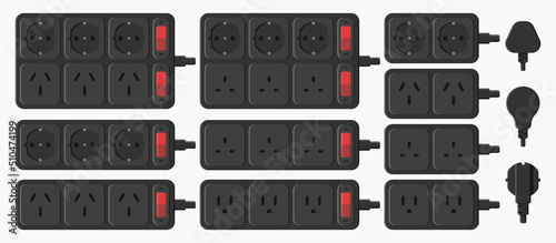 power strip extension cord outlet plug set vector flat illustration