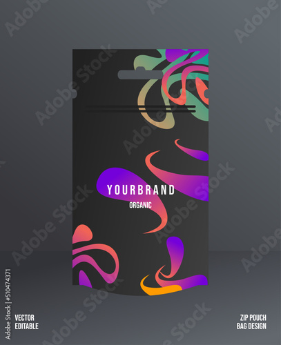 Packaging pattern with zip pouch bag mockup. Vector ornament template editable. Modern and elegant with black. Great for food, drinks and other package. Can be used for background and wallpaper.