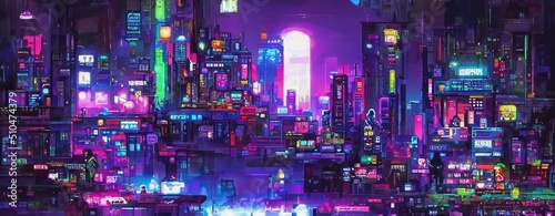 Cyberpunk neon city night. Futuristic city scene in a style of pixel art. 80's wallpaper. Retro future 3D illustration. Urban scene.