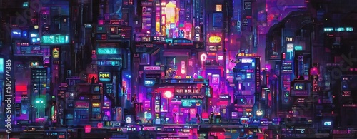 Cyberpunk neon city night. Futuristic city scene in a style of pixel art. 80's wallpaper. Retro future 3D illustration. Urban scene. photo