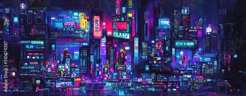 Cyberpunk neon city night. Futuristic city scene in a style of pixel art. 80 s wallpaper. Retro future 3D illustration. Urban scene.