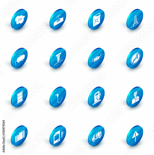 Set Oilfield, Canister for motor oil, rig with fire, industrial factory building, Barrel, Rotating drill digging hole, No Smoking and icon. Vector