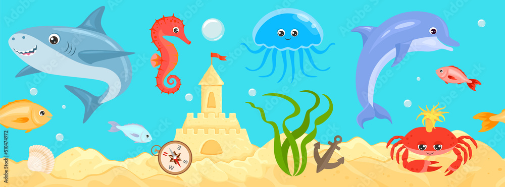 Underwater sea life seamless banner. Undersea landscape with cute