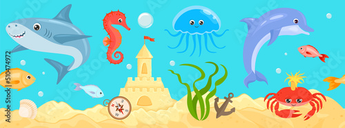 Underwater sea life seamless banner. Undersea landscape with cute shark, dolphin, crab, fish, jellyfish, seahorse, and travel stuff. Vector cartoon illustration of ocean animals and fish. © Iv85