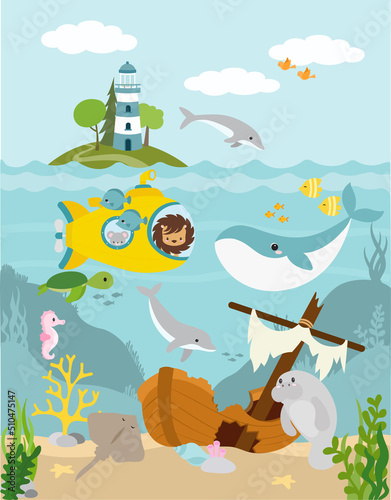 Submarine with lion and mouse are in the ocean. Seeing dolphins, whale, turtle. A sea horse and stingray are there. A sunken ship hides a treasure. And there is an Island with a lighthouse