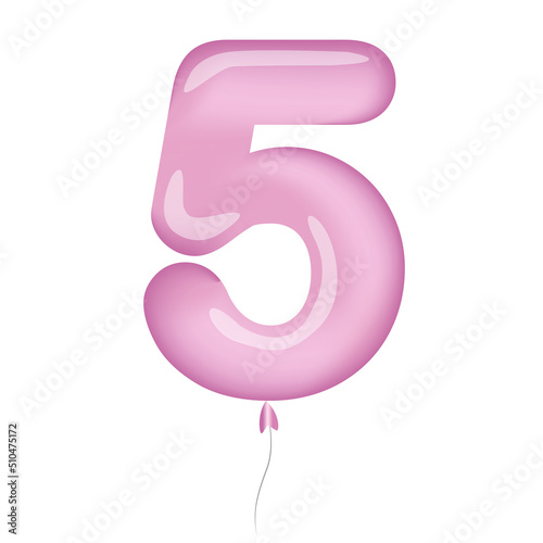 Vector pink alphabet five air balloon isolated on white background. Decorative element. 3d illustration. 