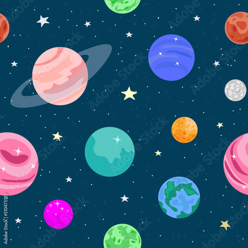 Vector seamless space pattern. Colorful planets in Solar System and stars isolated on blue background. 
