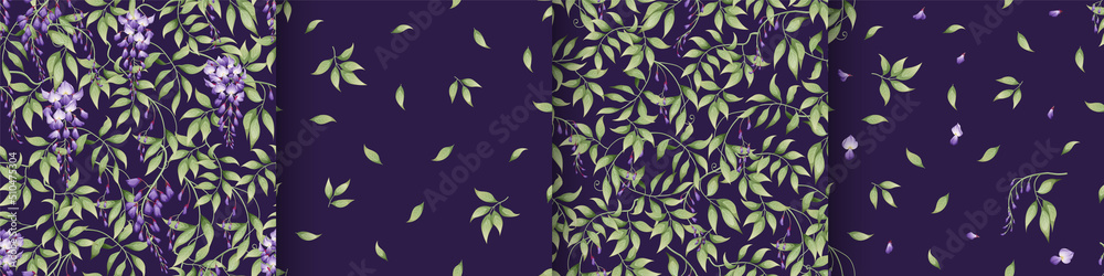 Set of seamless patterns with purple wisteria and green leaves on a dark background. Texture in Asian style. Suitable for fabric, paper, textile, wallpaper