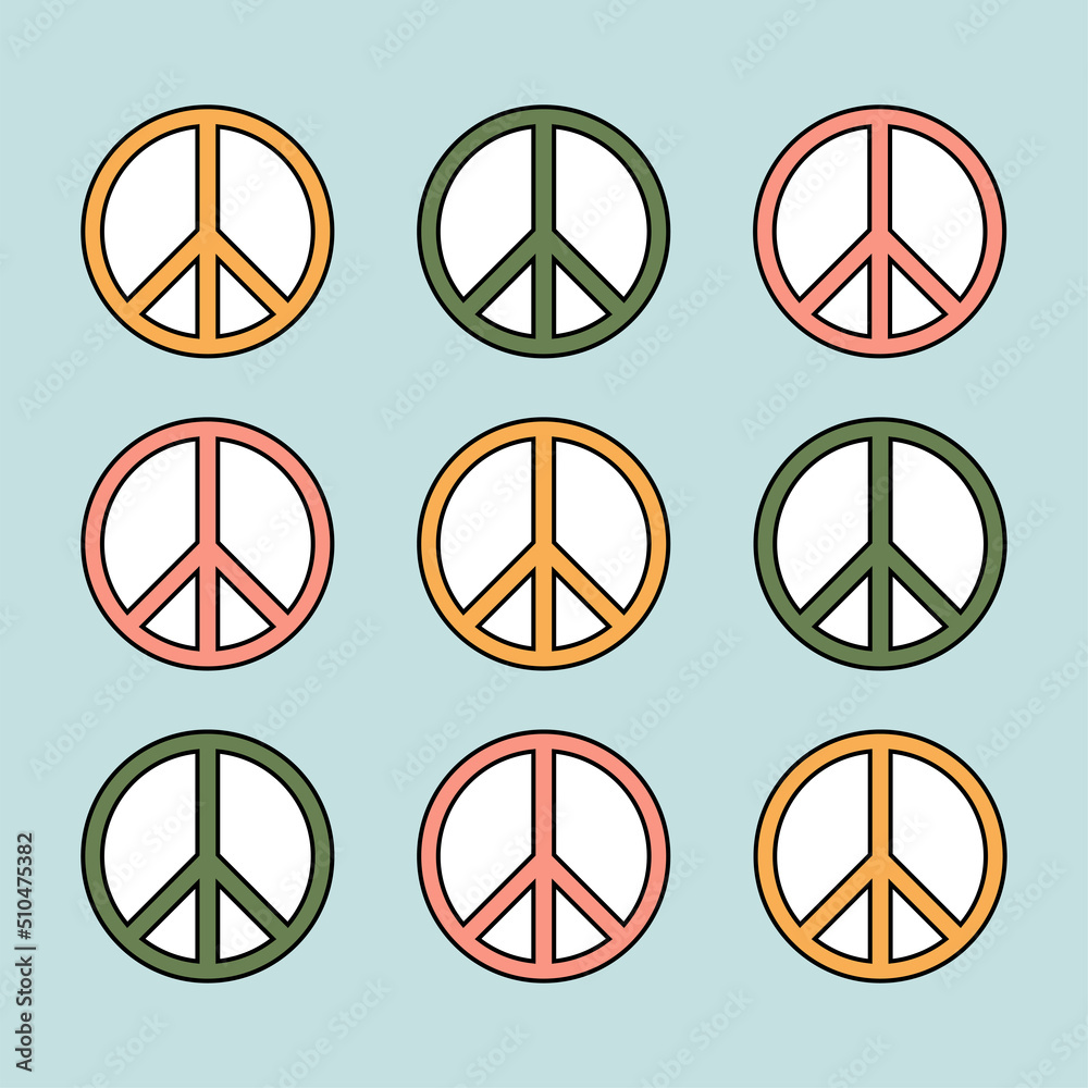 1970 trippy pattern peace. Colorful symbol peace on a light blue background. 70s vibes background. Groovy hand drawn vector illustration.