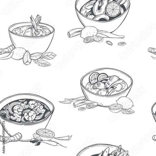 Tom yam soup. Vector  pattern.