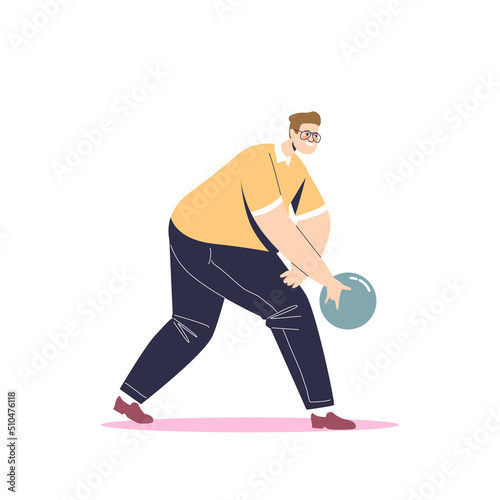Active guy play bowling. Young man enjoy indoor activity at bowling club throwing ball