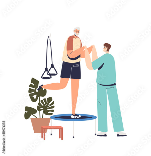 Patient exercising at rehabilitation therapy. Nurse doctor helping man with physical disability