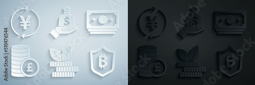 Set Dollar plant, Stacks paper money cash, Coin with pound, Shield bitcoin, Hand holding bag and Yen icon. Vector