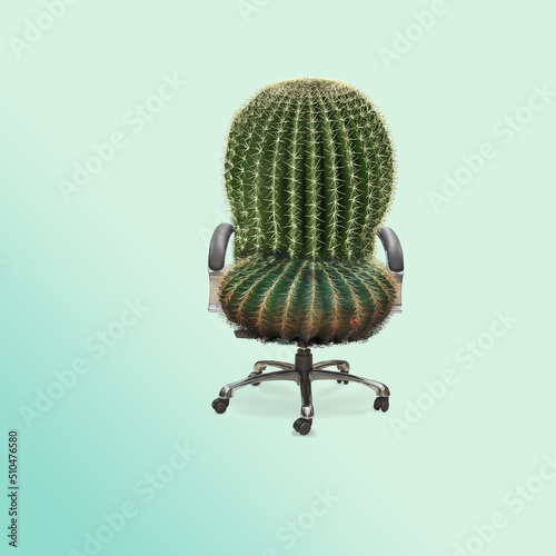 Cactus chair on bright blue background. Uncomfortable chair. Creative minimal idea. 