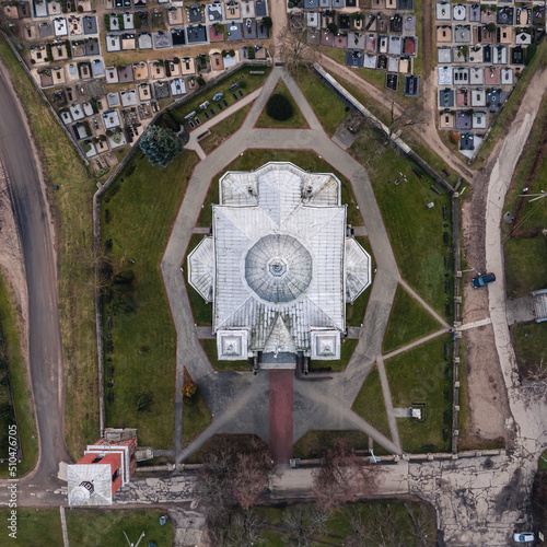 aerial top view of the church in small town in lithuania photo