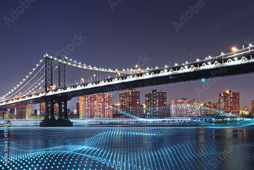 Smart city and internet of things concept with abstract digital dotted waves cover river on night megapolis city background