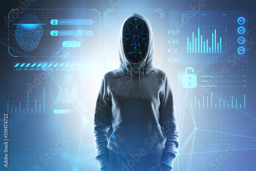 Anonymous access and face recognition concept with digital safety system interface and faceless person in hoody, double exposure photo