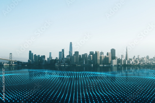 Wireless connection and smart city concept with abstract digital dotted waves cover river on megapolis city skyline background