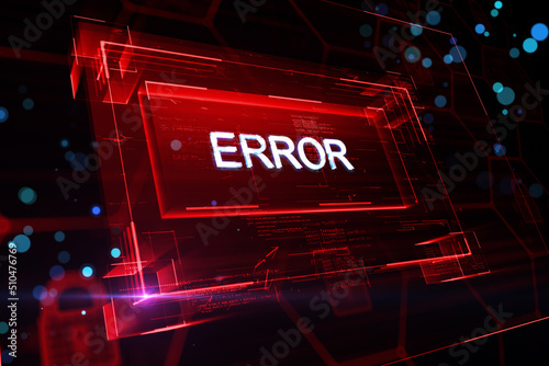 Web server error and software failure concept with perspective view on white error sign in red glowing frame on abstract dark background. 3D rendering photo