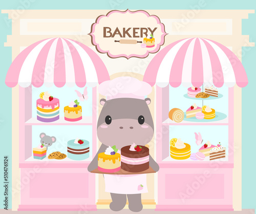 Sweet bakery shop window with all kind of pastries and cakes and pies and a cute hippo holding pies in strawberry apron