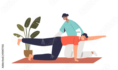 Female nurse helping patient with physical rehabilitation and recovery after illness or accident