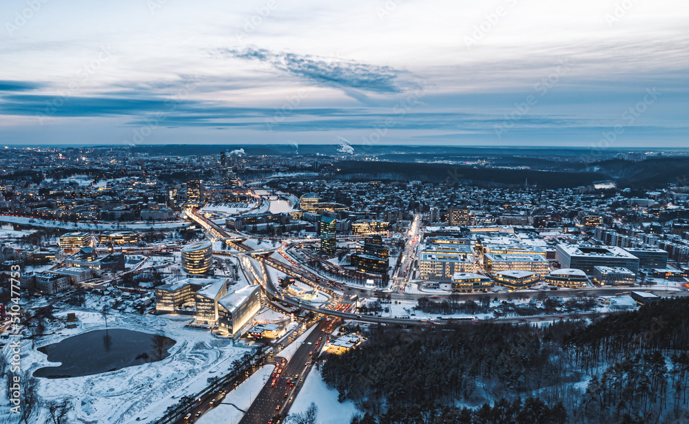 European capital city in evening aerial view winter
