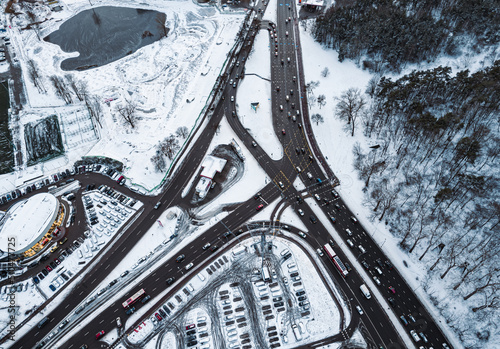 aerial view. of road intersection in European capital in Vilnius