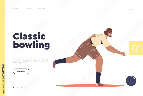 Classic bowling concept of landing page with girl play bowling. Young woman enjoy indoor activity