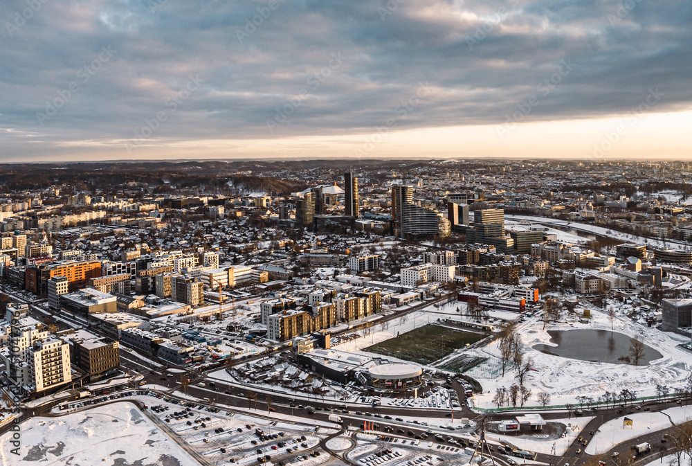 Obraz na płótnie European capital city in sunset golden hour aerial view winter w salonie