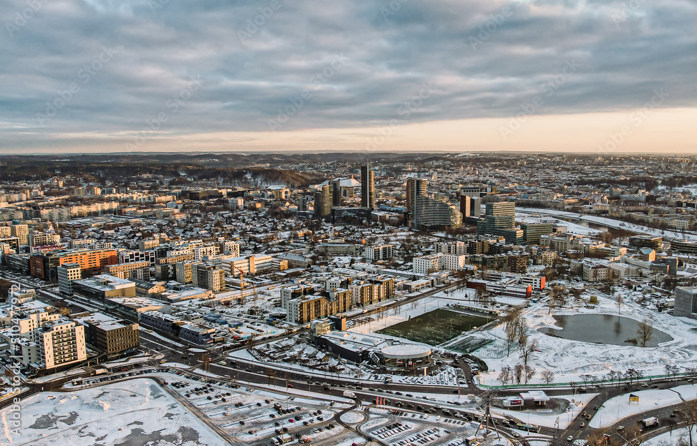 European capital city in sunset golden hour aerial view winter European capital city in sunset golden hour aerial view winter