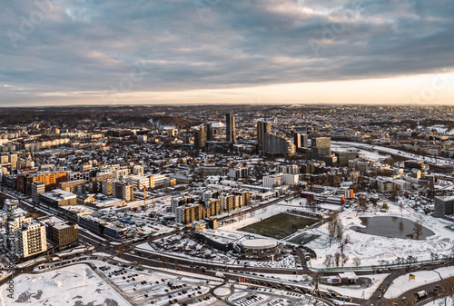 European capital city in sunset golden hour aerial view winter