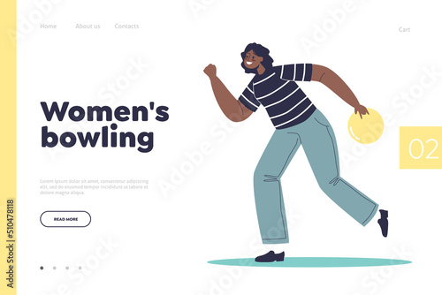 Women bowling concept of landing page with young african american woman throw ball for bowling game