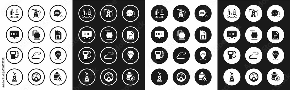 Set Word oil, Oil tank storage, platform in the sea, Canister motor, pump pump jack, Refill petrol fuel location and Petrol gas station icon. Vector