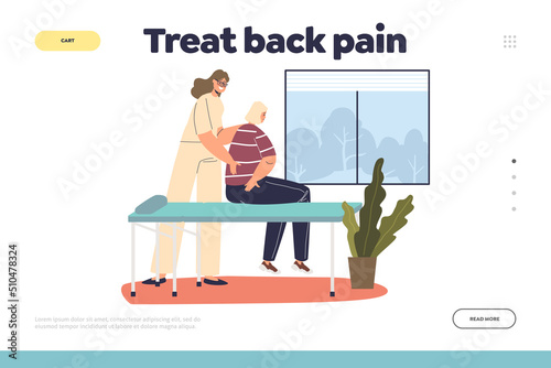 Treat back pain concept of landing page with female masseur massaging woman patient on table