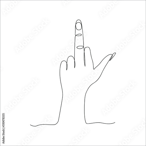 Woman's hand showing the gesture "fuck you" drawn in one line. Sketch. Middle finger. Vector illustration in doodle style.