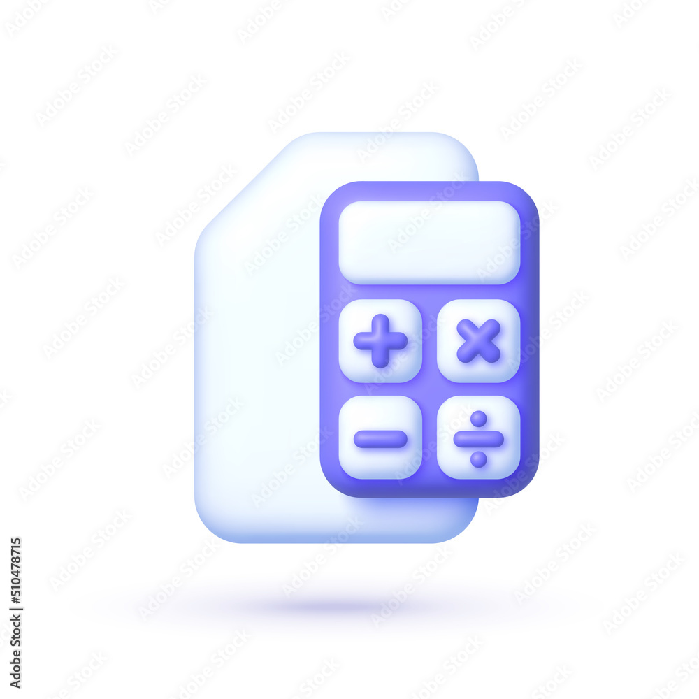 Calculator in 3D style on whit background. Business concept. Financial management concept. Modern 3d graphic. 3d vector render concept Calculator in 3D style on whit background. Business concept. Financial management concept. Modern 3d graphic. 3d vector render concept